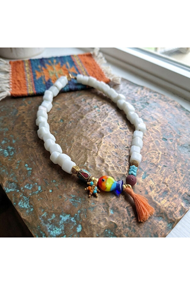 E Handmade Authentic Bodrum Beads White, Fish Figured Short Women's Necklace