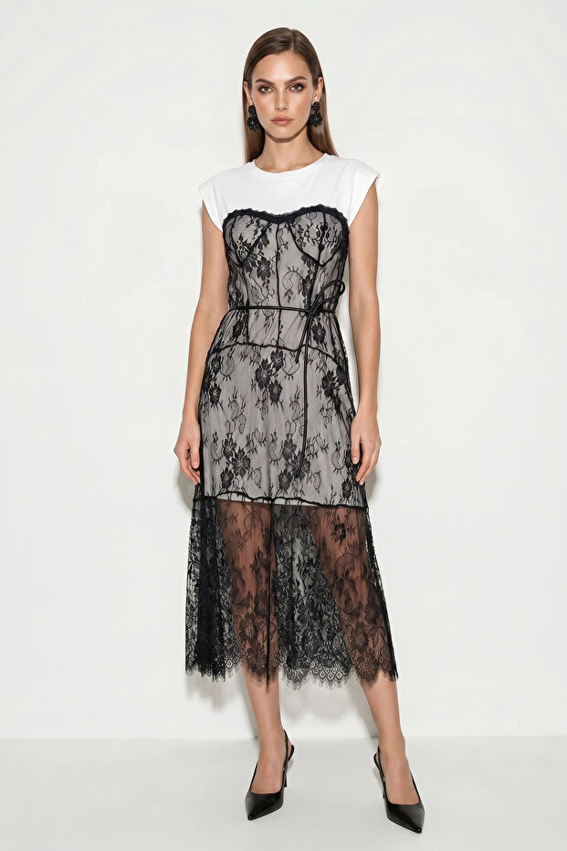 Women's Padded Lace Detailed Midi Dress White Black