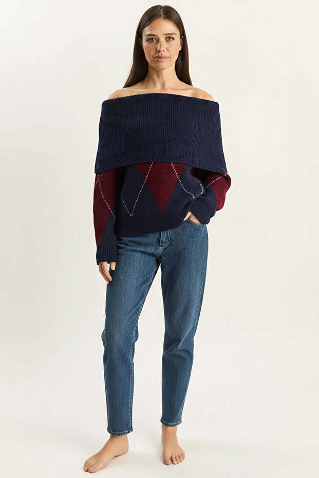 Women's Madonna Collar Diamond Patterned Knitwear Navy Blue Claret Red Sweater