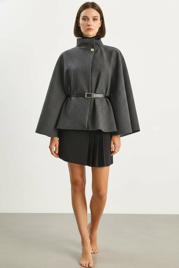 Women's Gold Button Detailed Belted Poncho Anthracite