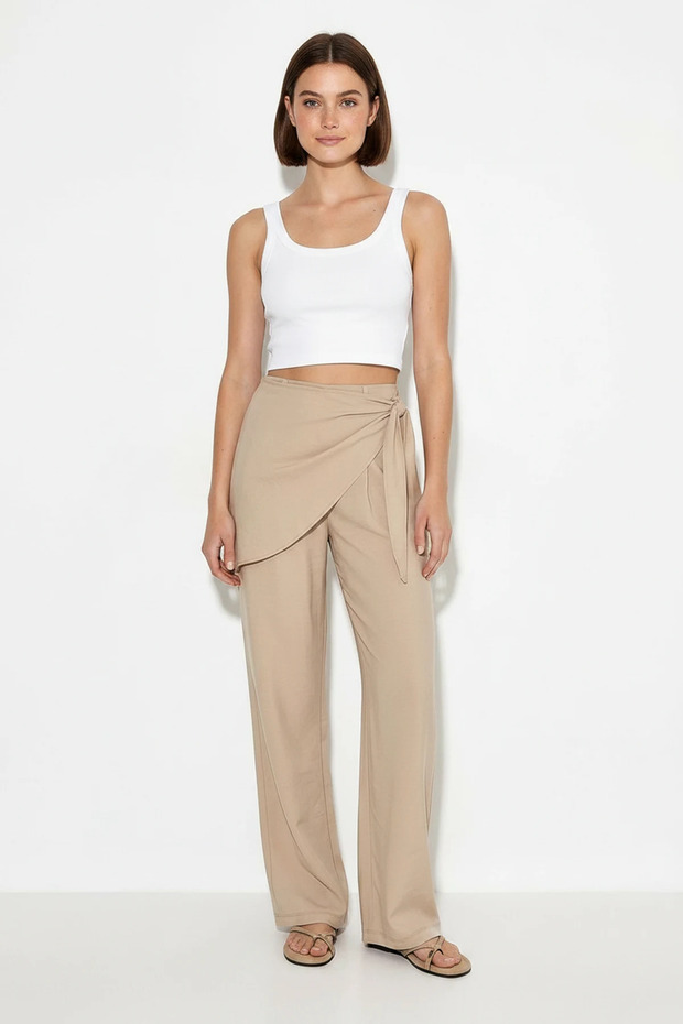 Women's High Waist Tie-Detail Wide-Leg Viscose Trousers Dp Beige