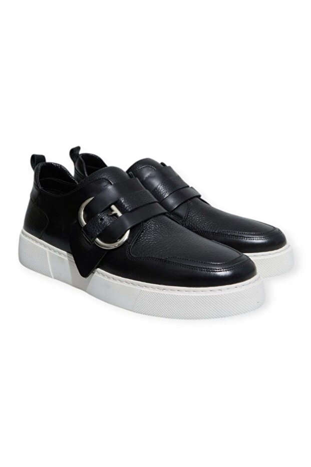 Black Color Laceless Genuine Leather Men's Shoes