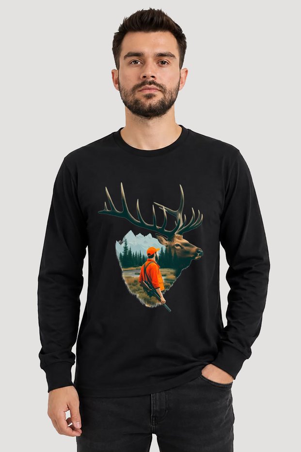 Hunting Hunter Nature Deer and Hunter Theme Printed 100% Cotton Regular Fit Unisex 24/1 Long Sleeve T-Shirt
