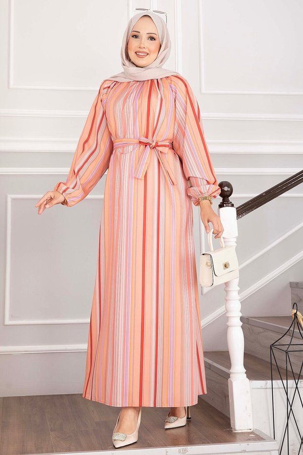 Pastel Striped Belted Dress Salmon