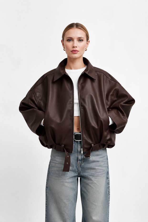 New Women's Buckled Oversized Leather Jacket – Zippered Vintage Biker Coat