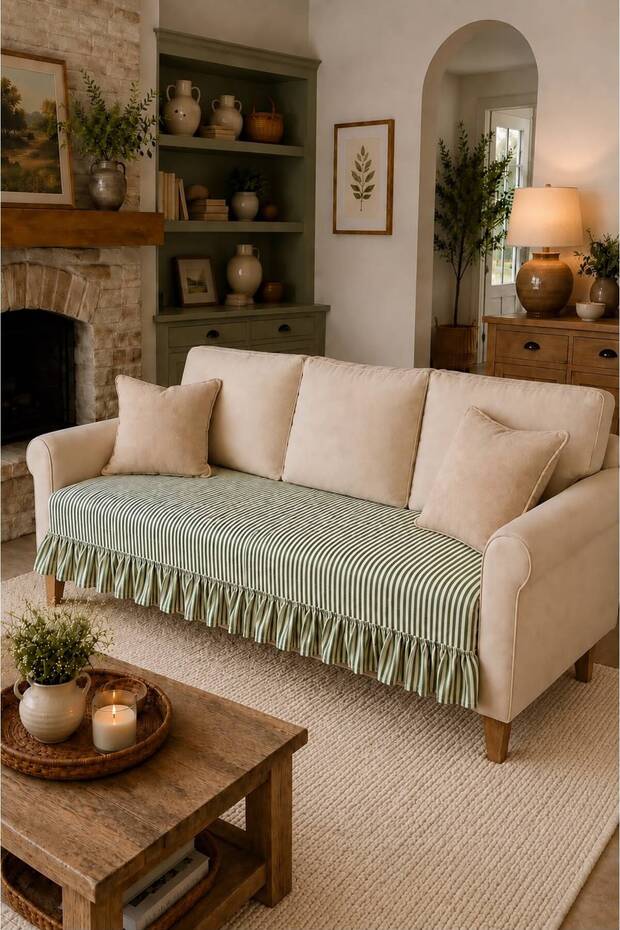 Striped Linen 90X200 Ruffled Sofa Cover Bohemian Decorative Sofa Bed Cover Covering the Seating Area