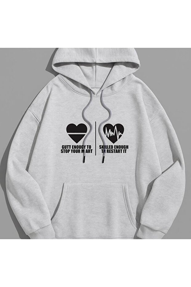 Unisex Oversize 3 Thread Yarn Kangaroo Pocket "Heart and Pulse" Printed Hooded Sweatshirt