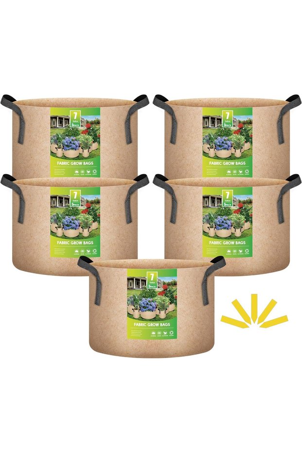 5-Pack 7 Gallon Plant Grow Bags Thickened Nonwoven Aeration Fabric Pots Heavy Duty Durable Container, Strap Handles for Garden, Tan