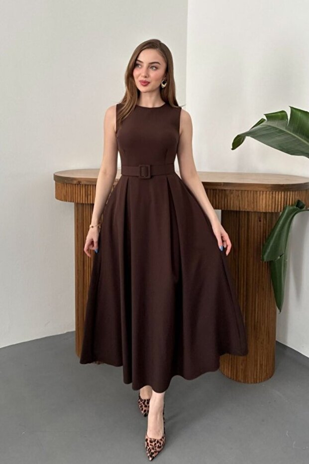 Coffee Halter Neck Flared Dress