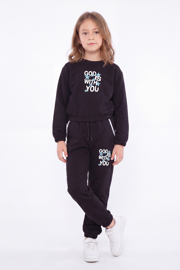 Girl's Crew Neck Short Cut Printed Double Pocket Tracksuit Set