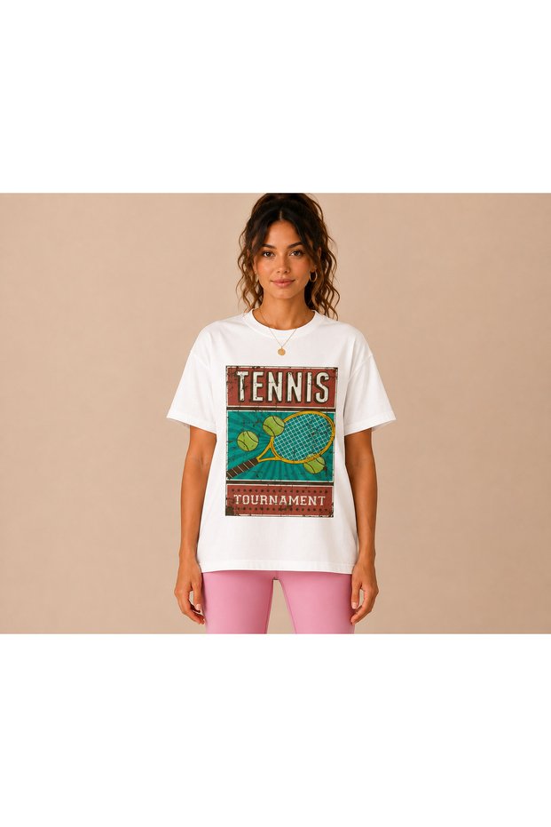 Unisex Oversize Tennis Printed T-Shirt 100% Cotton Tennis Themed Comfortable Fit Short Sleeve T-Shirt