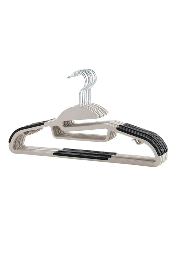 ManGotree 10-Pack Ultra-Thin Non-Slip Plastic Hangers (SG Style, White & Black) - 0.6cm Space Saving Clothes Hangers with Textured Anti-Slip Strips & 360° Rotating Hook