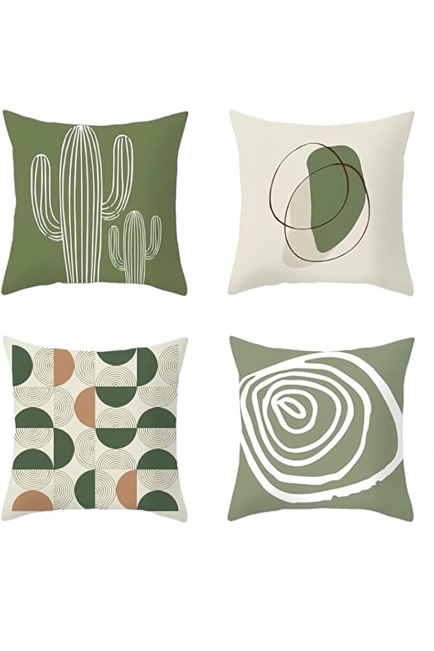 Modern Geometric Throw Pillow Covers Set, Green and Beige Abstract Design, Cactus and Circle Patterns, 45x45cm, 4 Pack