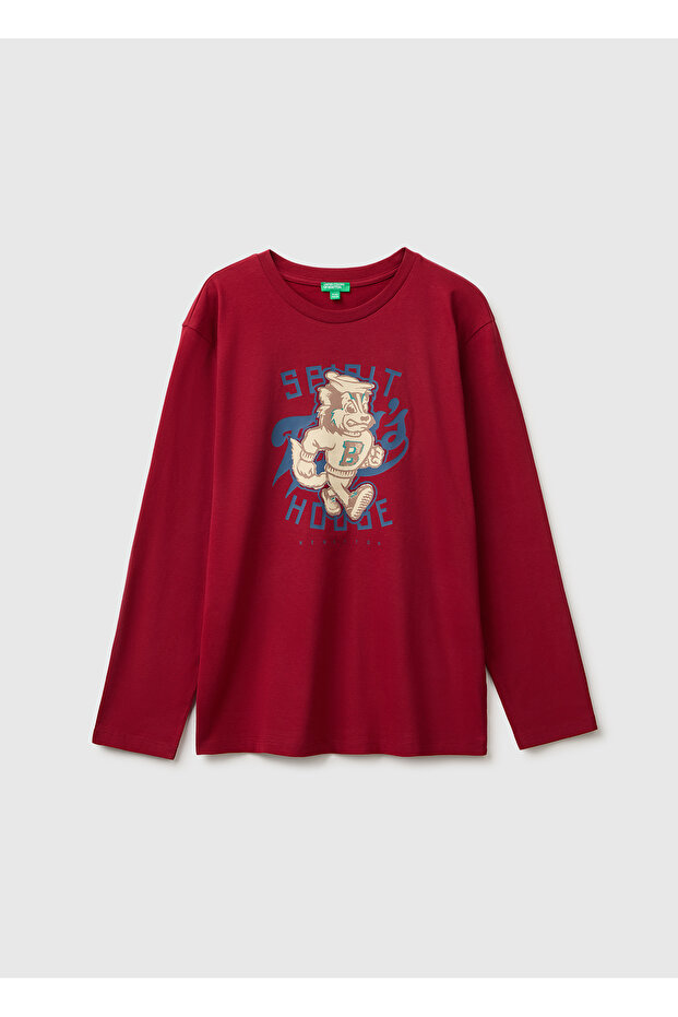 Boy's Red Front Printed Long Sleeve T-Shirt