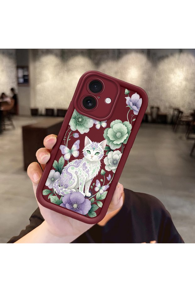iPhone 17 Compatible Case Camera Protective Case with Cat Design Burgundy Lover Couple Silicone Phone Case