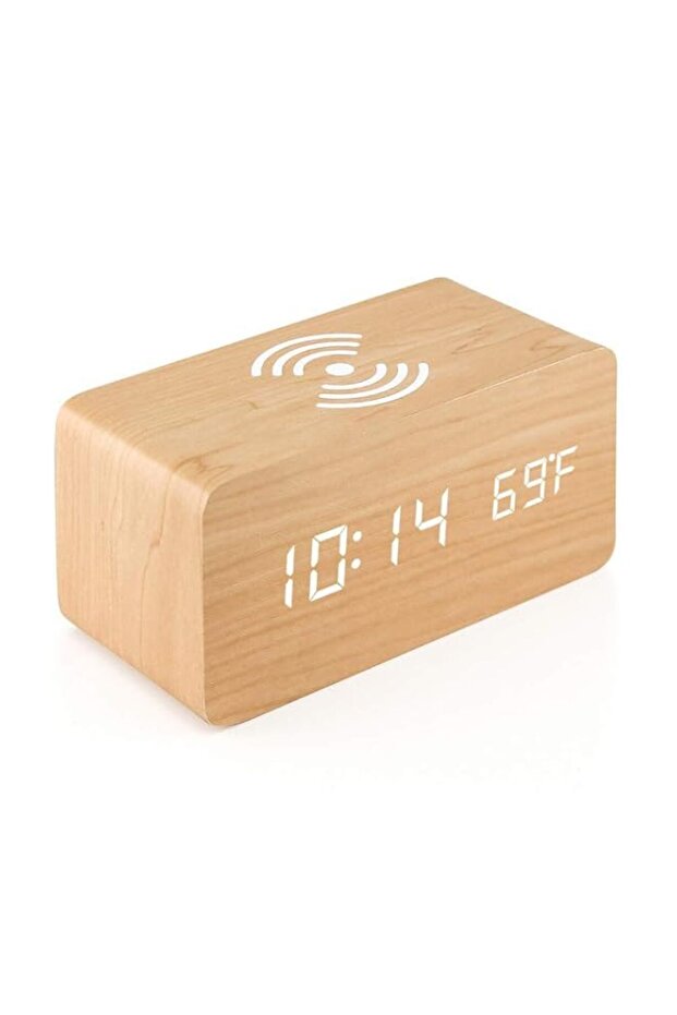 Digital Alarm Clock with Qi Wireless Charging Pad for iPhone Samsung, Wood LED Digital Clock Sound Control Function, Time Date, Temperature Display for Bedroom Office Home (Beige)