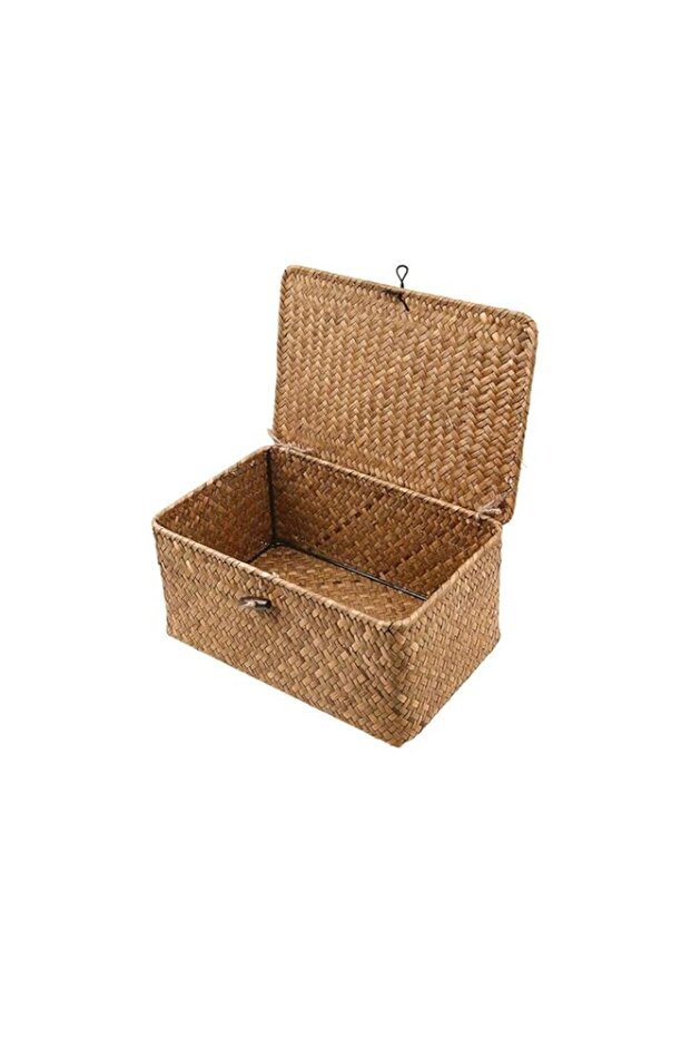 Sobotoo Wicker Storage Basket with Lid, Natural Hand-woven Rattan Storage Box, Rectangular Household Organizer Boxes Shelf Wardrobe Organizer (XL)