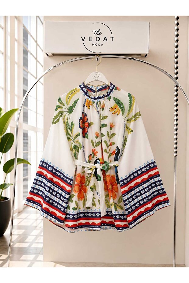 Women's Patterned Waist Belted Tunic