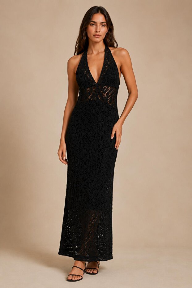 Halter Neck Openwork Long Dress