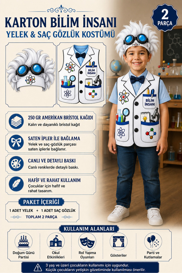Kids' Scientist Costume 2-Piece Cardboard Vest and Hat Set – Experiment and School Show Costume with String Ties