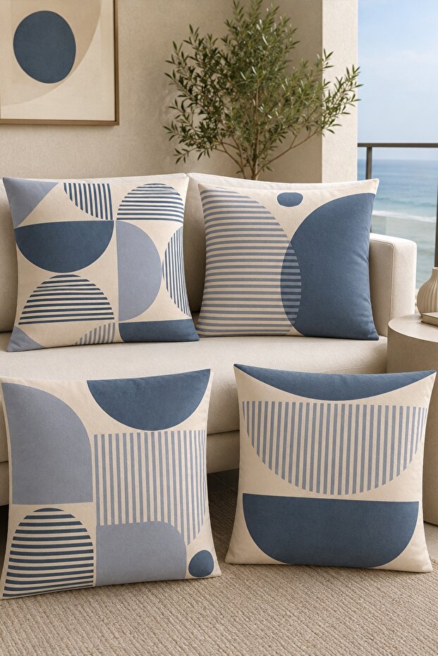 Blue Lines Patterned 4-Piece Throw Pillow Cover Set