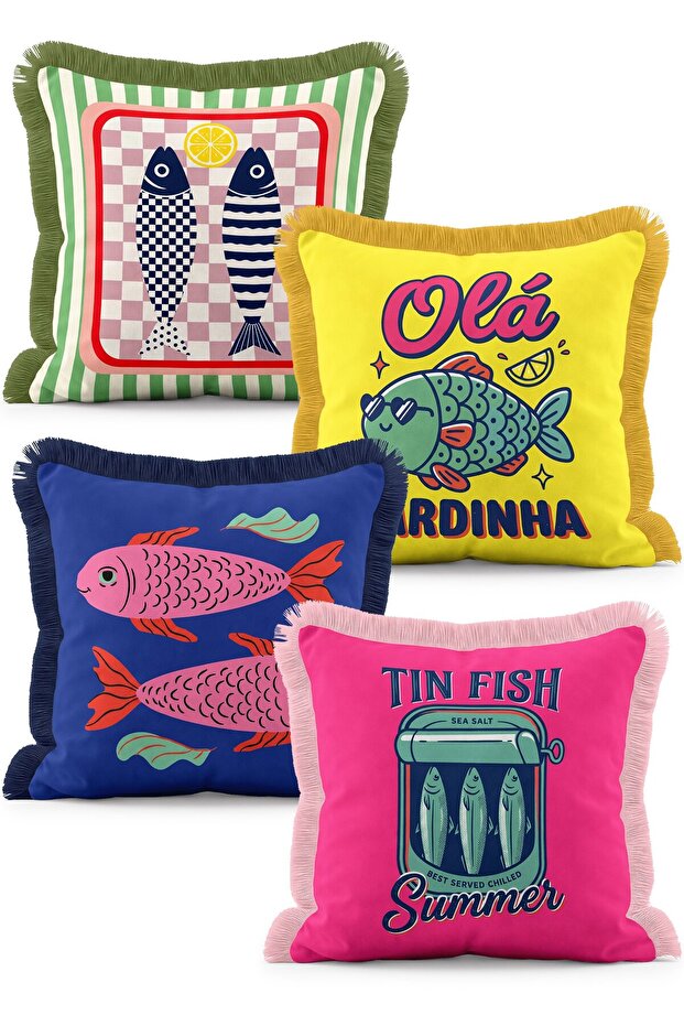 Colorful Sardine and Fish Figured Marine Themed Set of 4 Fringed Throw Pillow Covers
