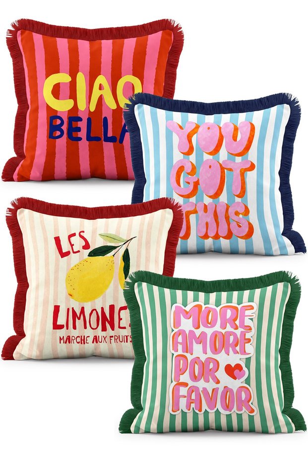 Ciao Bella and More Amore Written Colorful Striped 4-Piece Fringed Throw Pillow Cover Set