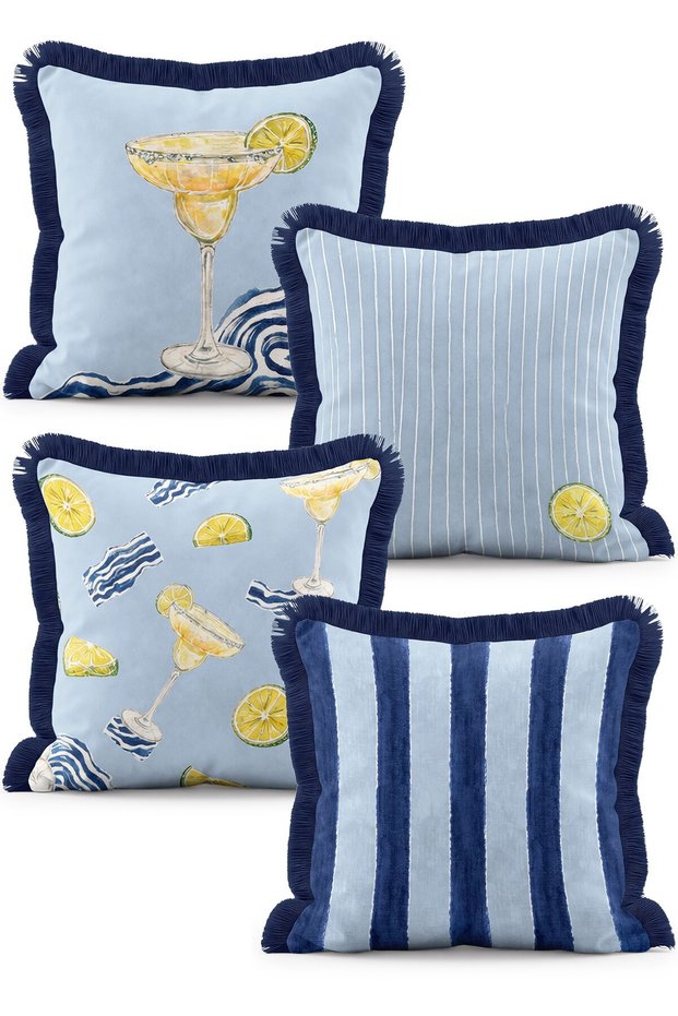 Margarita Cocktail and Lemon Patterned Blue Striped 4-Piece Fringed Throw Pillow Cover Set