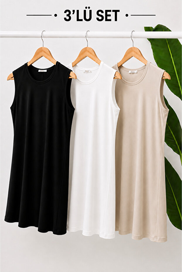 Women's Black White Beige Set of 3 Zero Sleeve Combed Cotton Underwear Tunics
