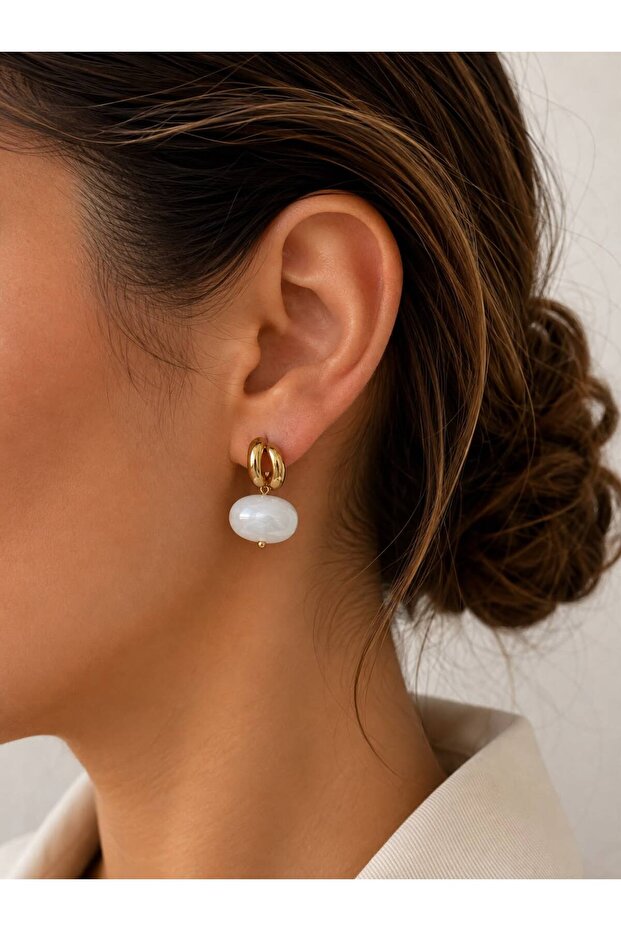 White Oval Stone Detailed Steel Earrings