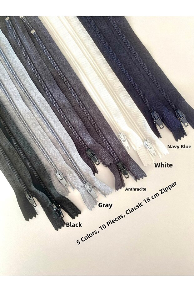 10 Pieces of 5 Dark, Primary Colors 18 cm Quality Zipper Set for Bags, Wallets, Pants, Hobby Projects