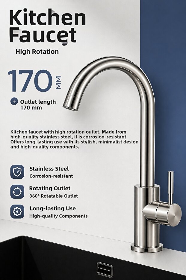 Kitchen Faucet 360 ° Swivel Stainless Steel High Spout Kitchen Sink Faucet