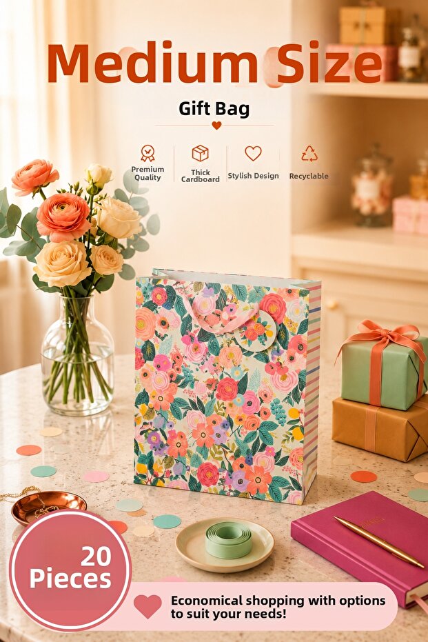 20 Pcs (23 X 18 X 10 cm) - Pastel Pink Floral Medium Cardboard Gift Bag