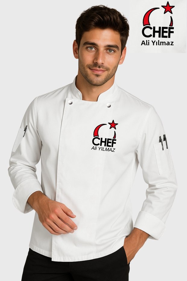 White Long Sleeve Chef Cook Jacket with Name Gift Moon Star Name Embroidered Chef Cook Uniform Models