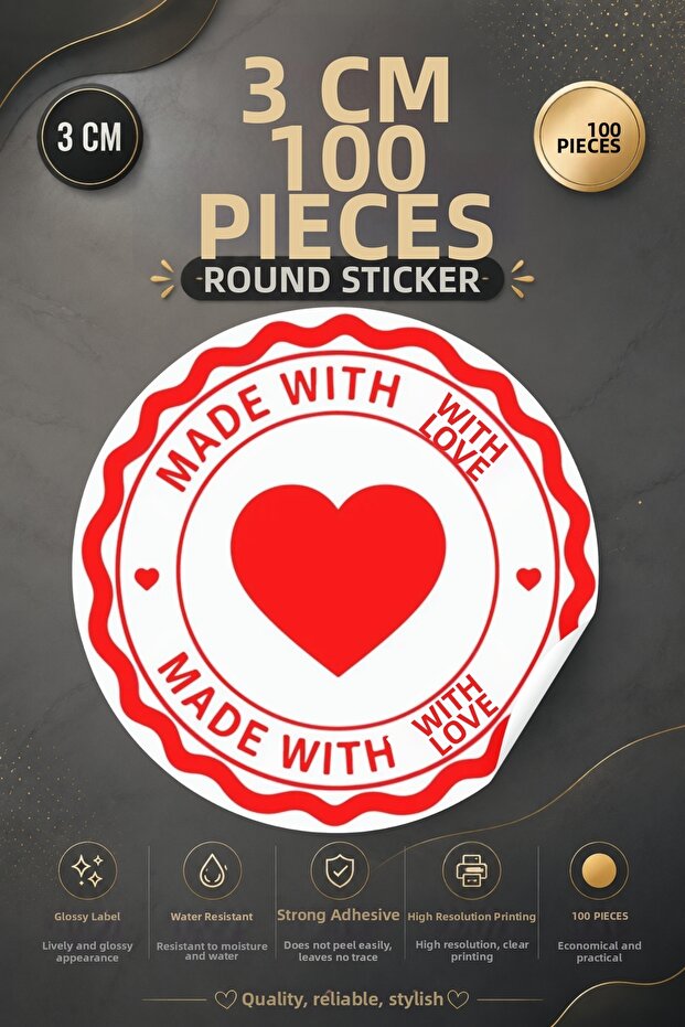 Made with Love No:2 Printed 3 cm Round 100 Pieces Sticker Packaging Packaging Shipping Thank You Label
