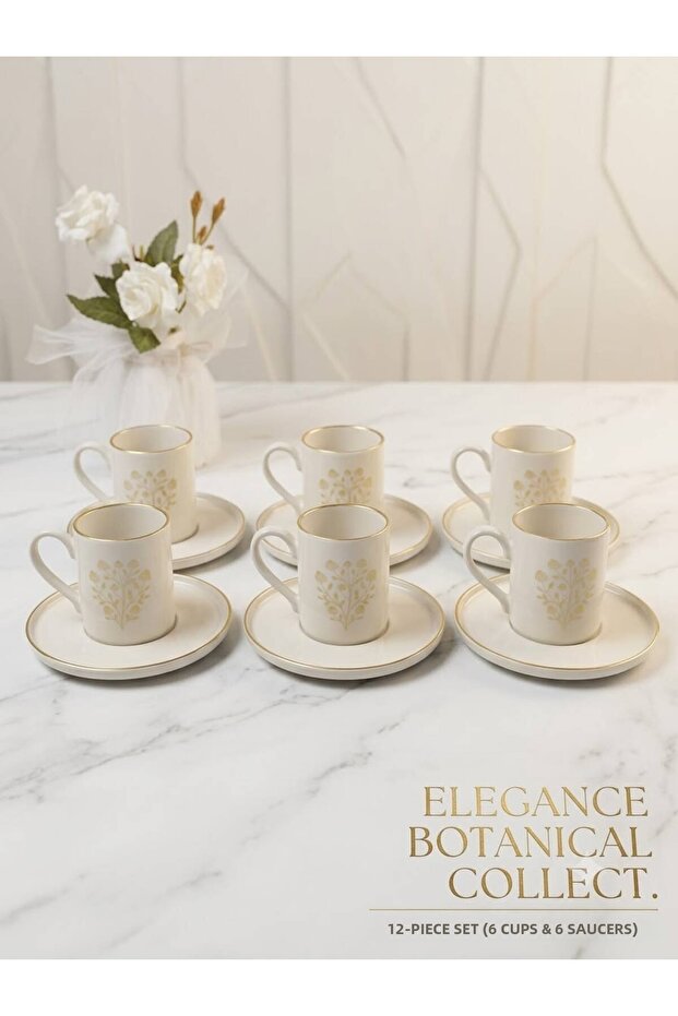 6-Person Gold Gilded Detailed Porcelain Coffee Cup Set