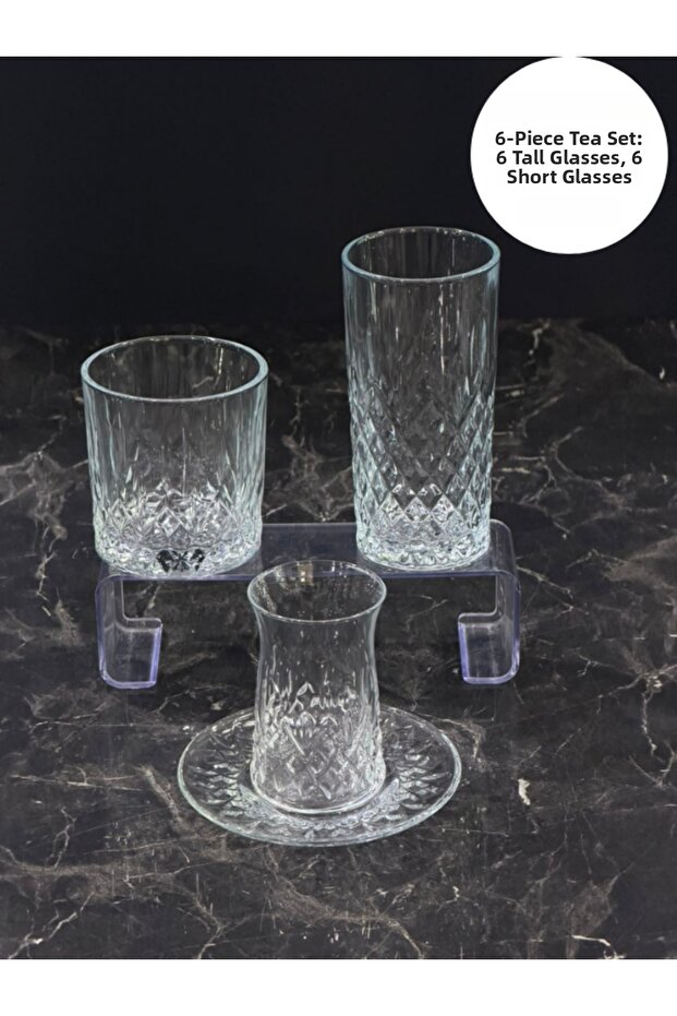 24 Piece Luxury Glass Cup Set - Tea Set for 6 People + Soft Drink & Water Glass Dowry Set