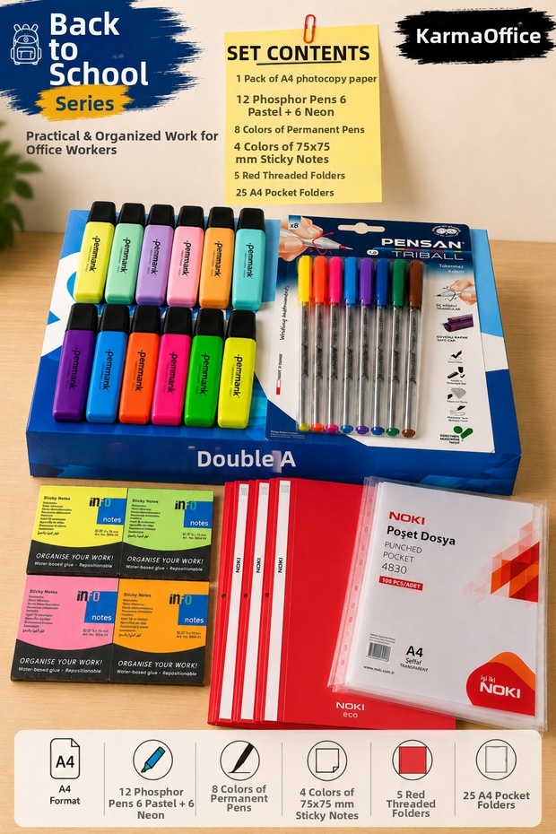 Red Set Double a A4 Photocopy Paper | 12 Highlighter Pens | 8 Colors Ballpoint Pen | Adhesive Note | Telli Dosya | Pouch File Set
