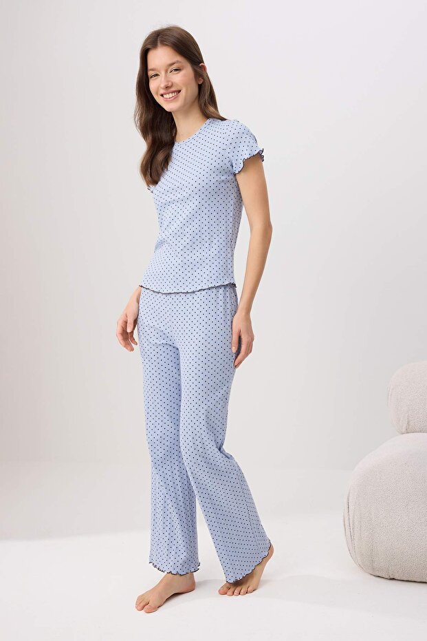 Trendyolmilla  Mavi %100 Pamuklu Puantiyeli Baby Overloklu Fitilli/Pointel Örme Pijama Takımı THMSS26PT00012 - Görsel 3