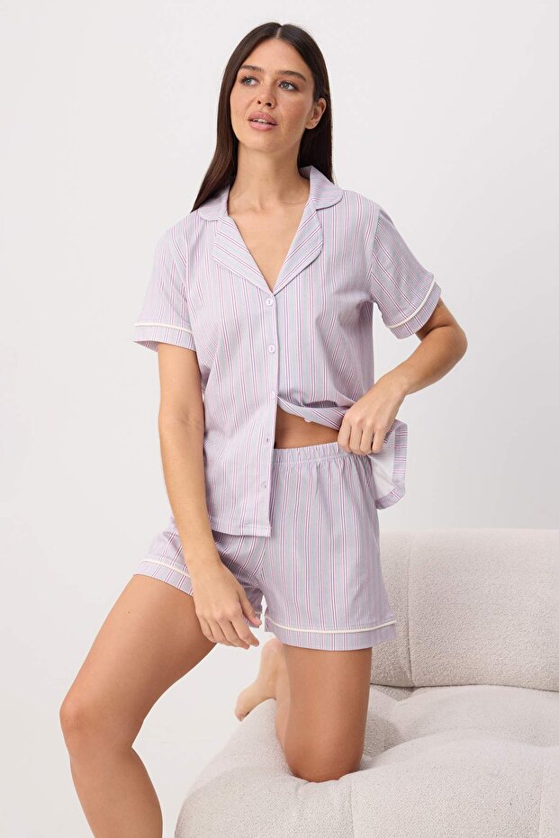 Trendyolmilla  Lila-Çok Renkli %100 Pamuklu Çizgili Biyeli Şortlu Örme Pijama Takımı THMSS25PT00416 - Görsel 3