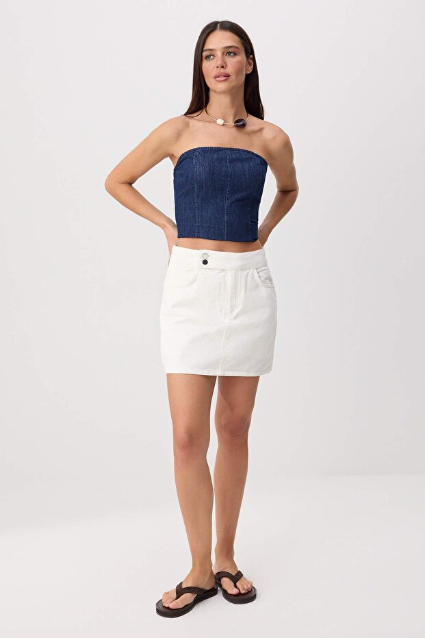 Ekru Bel Detaylı %100 Pamuk Denim Şort Etek TWOSS26SR00001 - 2