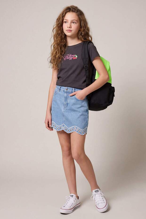 Antrasit %100 Pamuk Bisiklet Yaka Kız Çocuk Örme T-Shirt TKDSS26TS00071 - 2