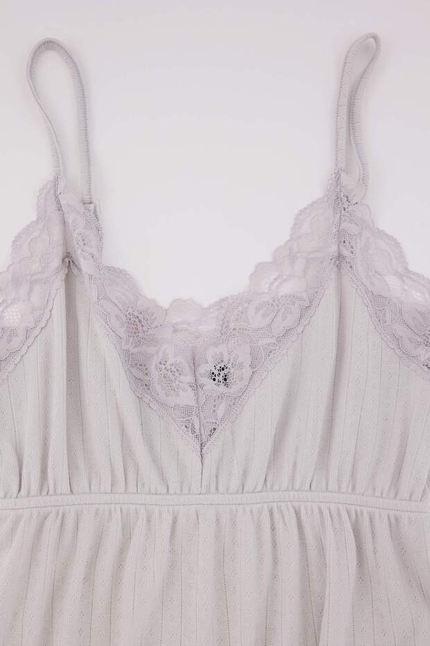 Gri Dantel Detaylı Cepli Pointel Örme Pijama Takımı THMAW27PT00014 - 3