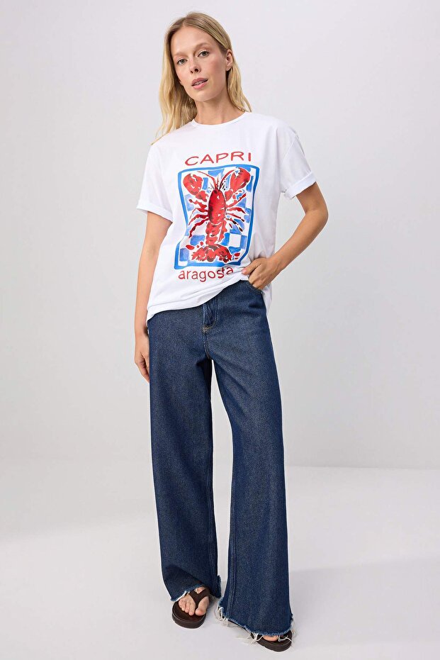 Beyaz %100 Pamuk Istakoz Baskılı Bisiklet Yaka Oversize Örme T-Shirt TWOSS26TS00351 - 2