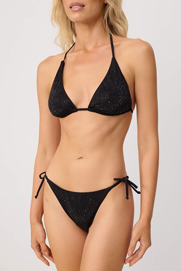 Siyah Taş Baskı Üçgen Kaplı Brazilian Normal Bel Bikini Takımı TBESS24BT00131 - 3