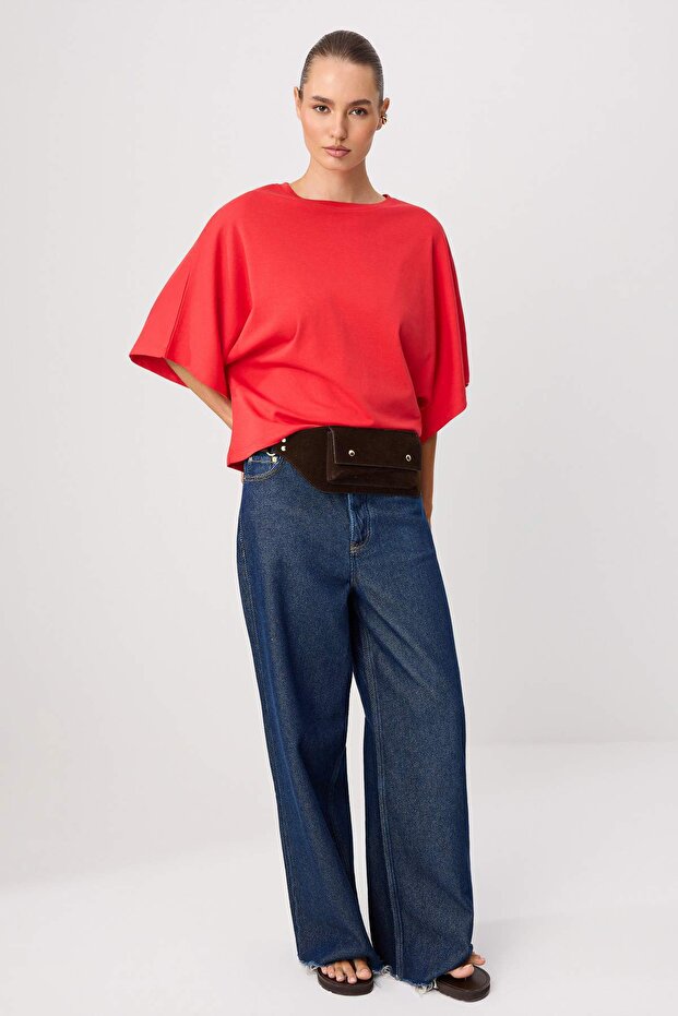 Kırmızı Oversize/Geniş Kalıp Düşük Kol Kısa Kollu Soft Touch Örme T-shirt TWOSS26TS00221 - 2