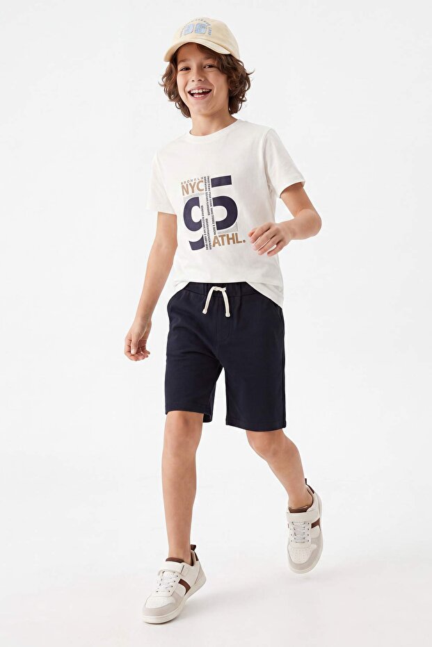 Ekru Erkek Çocuk 3'lü Pamuklu T-Shirt-Şort-Gömlek Örme Alt-Üst Takım TKDSS25AU00033 - 2