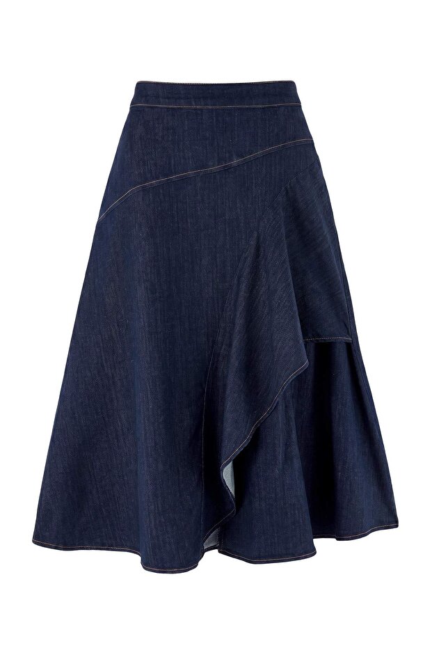 Dark Blue Layered Midi Denim Skirt Twoaw27Et00006
