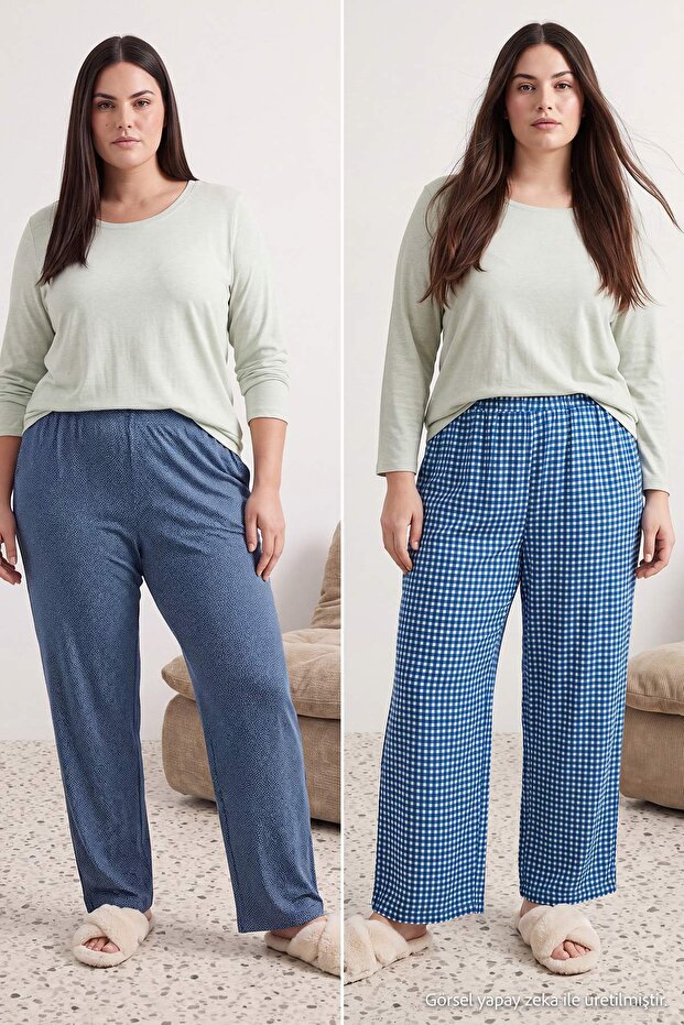 Lacivert Kareli/Puantiyeli 2'li Paket Örme Büyük Beden Pijama Altı TBBAW27IA00004 - 1