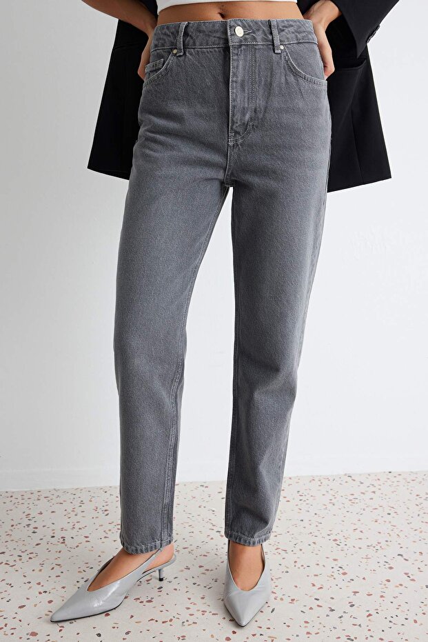 Gri Yüksek Bel Mom %100 Pamuk Non-Stretch Jeans TWOAW24JE00076 - 3